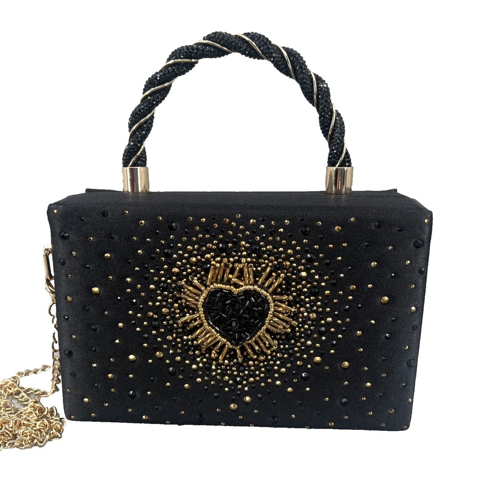 Alessia Black Box Clutch‎ Beaded Gold Heart Rhinestone Crossbody Purse NWT Glam
